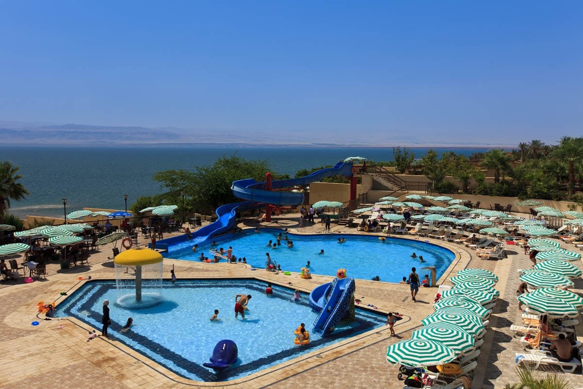 Swimming pools at the Aqua Fun Park, located within the Dead Sea Spa Hotel.