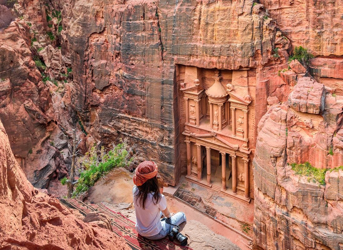 The temple-mausoleum of Al Khazneh in the ancient city of Petra in Jordan